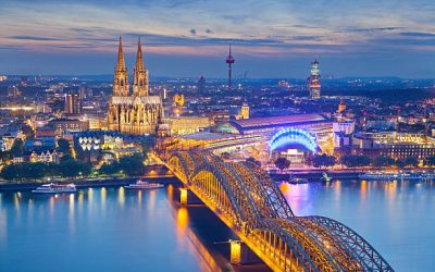 Image of Cologne with Cologne Cathedral during twilight blue hour.